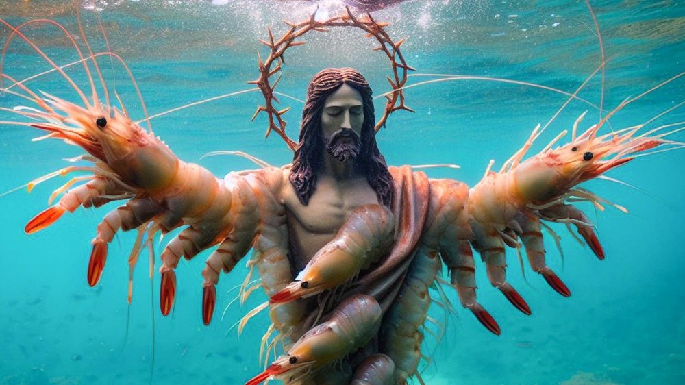 Jesus made out of shrimp with a large thorn vine halo